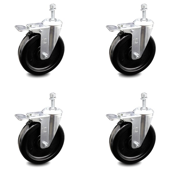 6 Inch Phenolic Swivel 3/8 Inch Threaded Stem Caster Set with Total Lock Brake